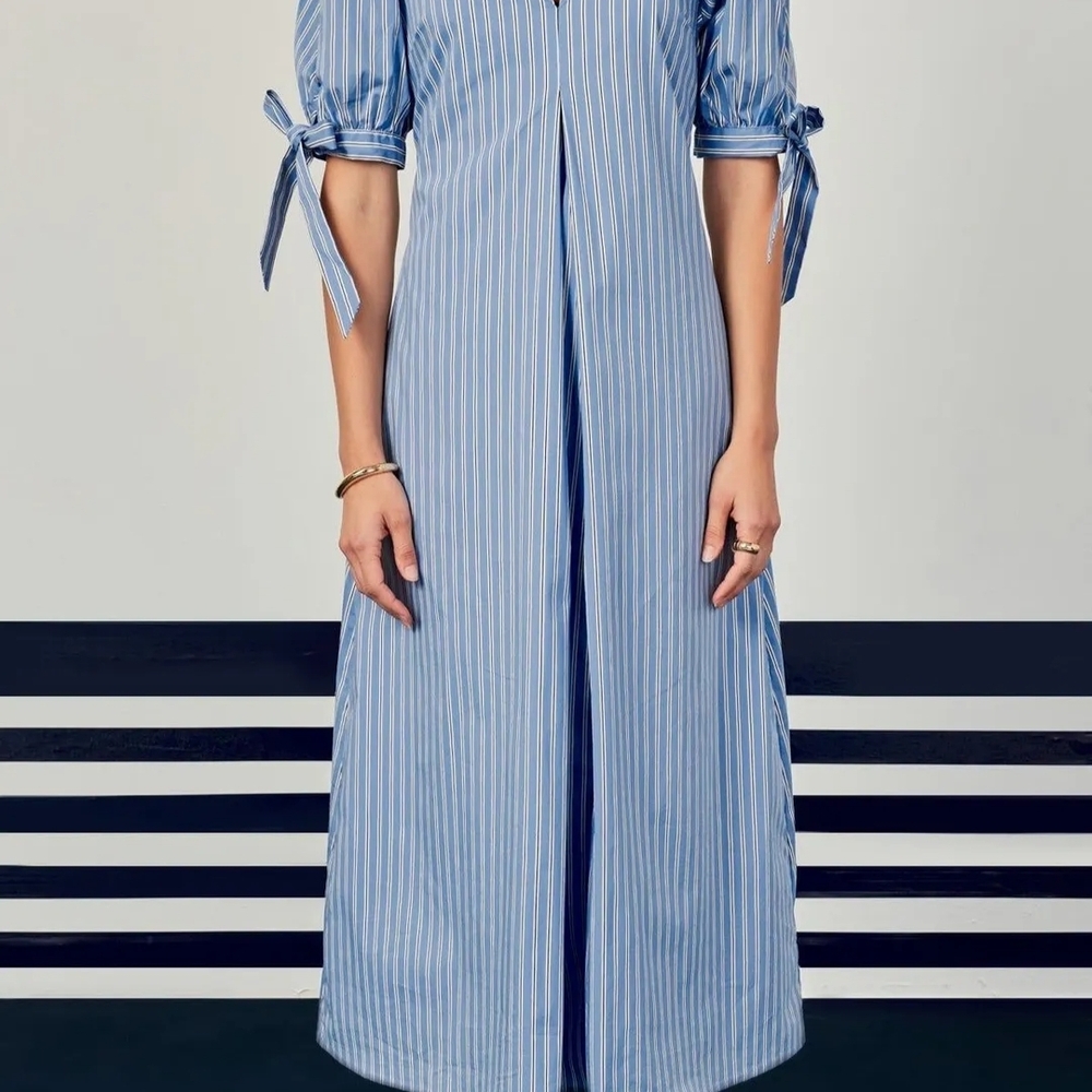 English Factory NWOT Size 1X Powder Blue Striped Godet Midi Dress - Picture 5 of 7